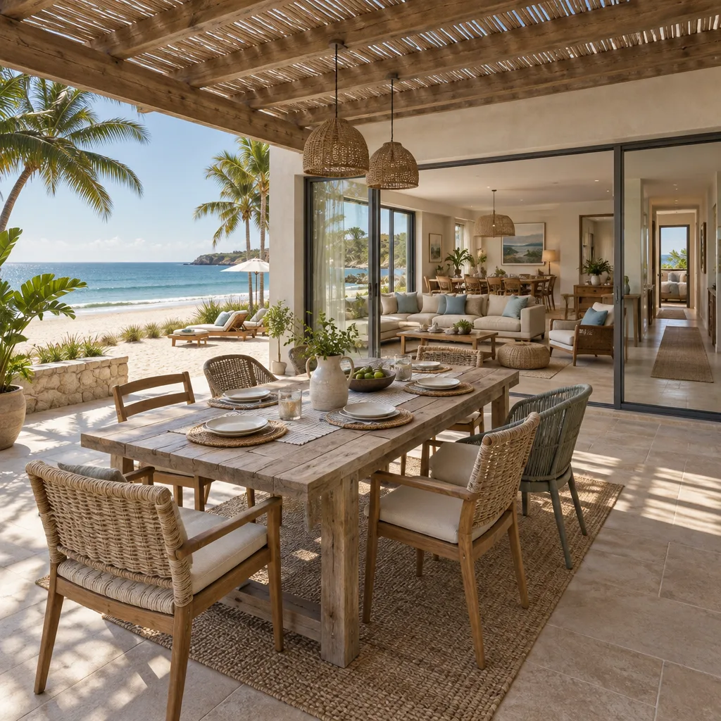 Wide patio view of a beachfront house rent, with pergola dining, open-plan living spaces, and calm blue ocean beyond the sand.