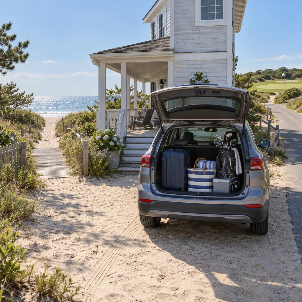 Beachfront house rent with a packed rental car beside a sandy driveway, ocean beyond the dunes, and a golf course nearby.