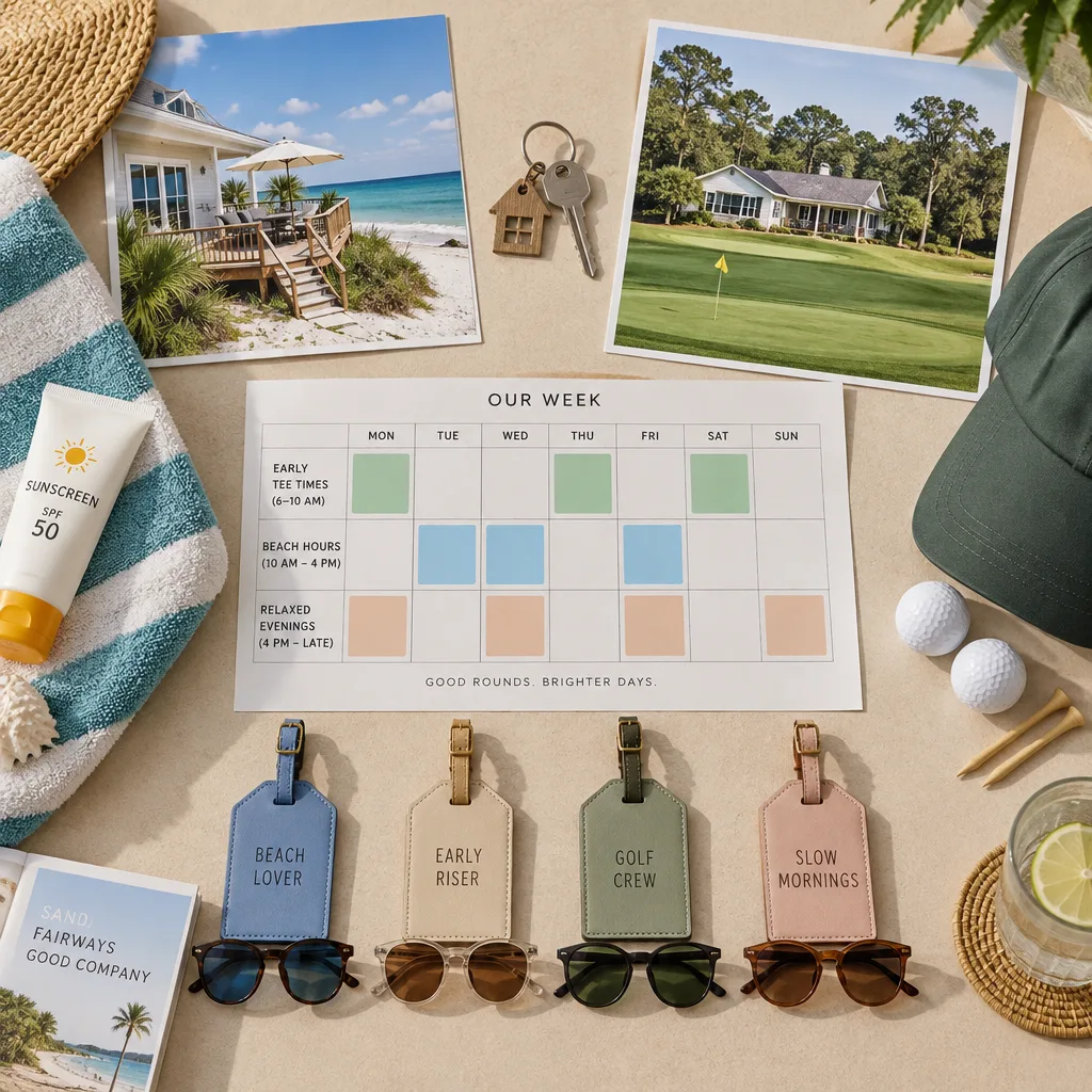 Overhead rental comparison of a beachfront house and golf-course home, with a planner, luggage tags, sunglasses, and key ring for beach days and golf days; beachfront house rent options.
