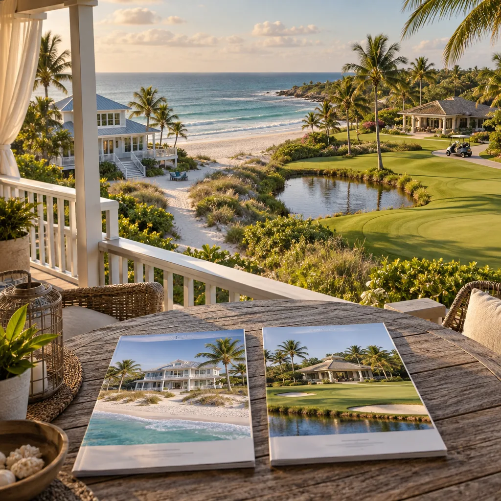 Beachfront house rent and golf villa compared on brochures, with a sunny shore and manicured fairway beyond the veranda.