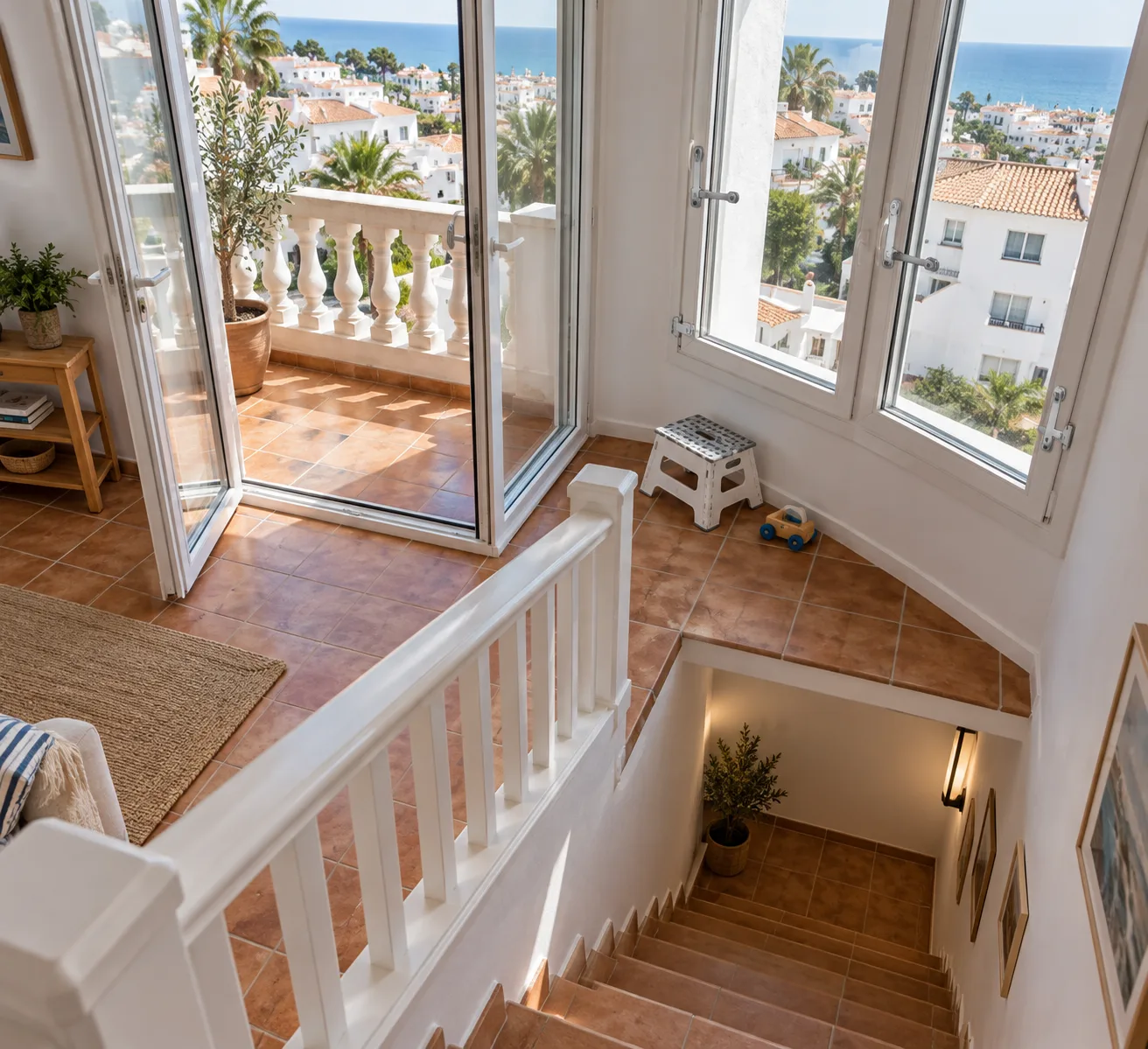 Overhead view of Marbella family vacation rentals, with terracotta stairs, secure railings and windows, and a balcony overlooking the sea.