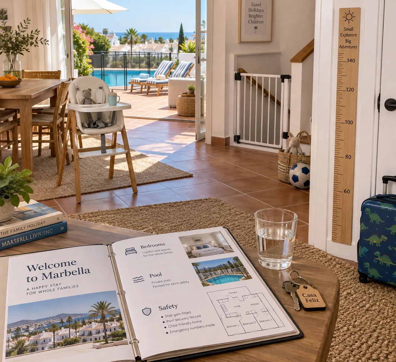 Marbella family vacation rentals: a child-height growth chart, welcome folder, high chair, stair gate, and fenced pool terrace in warm daylight.