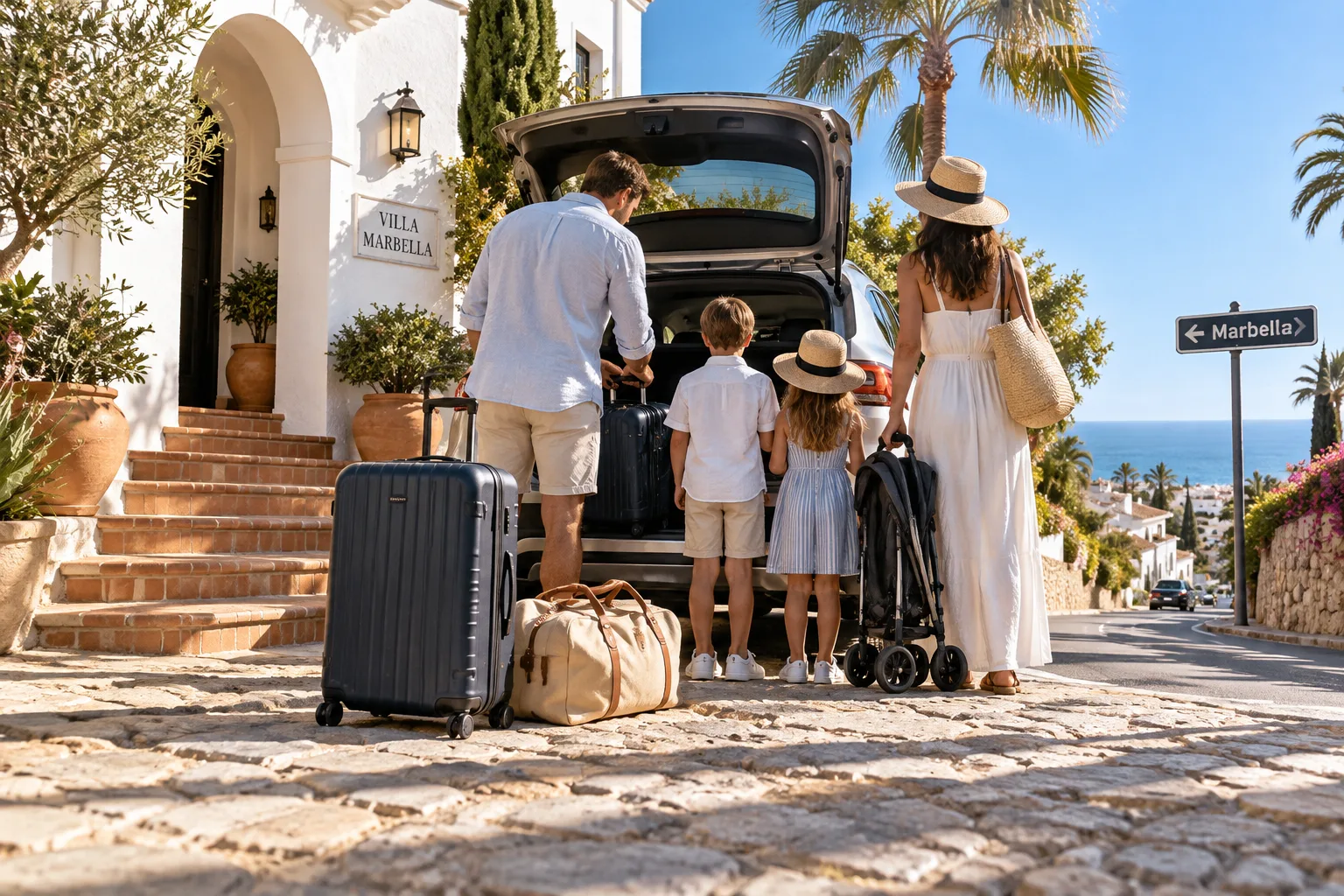 Family compares a compact car, stroller, and suitcases outside a Marbella villa, with the Mediterranean beyond; Marbella family vacation rentals in view.