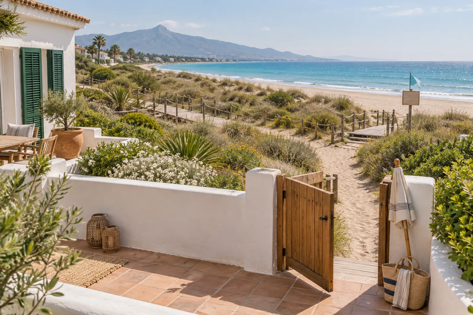 Terrace gate opens onto a sandy path through dunes to the Mediterranean beach at Marbella family vacation rentals.