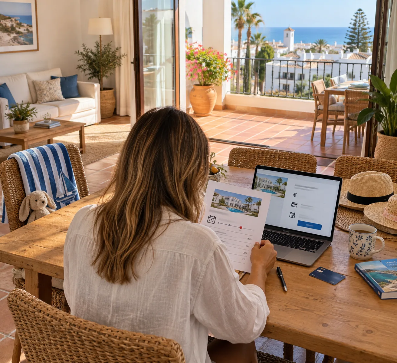 Parent reviews rental terms and booking details at a table in a sunlit Marbella stay, with beach gear nearby—Marbella family vacation rentals